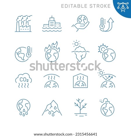 Vector line set of icons related with global warming. Contains monochrome icons like sun, earth, warming, climate, iceberg and more. Simple outline sign. Editable stroke.