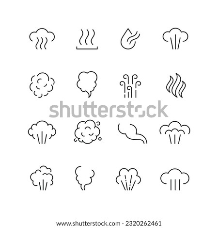 Vector line set of icons related with steam. Contains monochrome icons like steam, smell, smoke, cloud, fume and more. Simple outline sign.