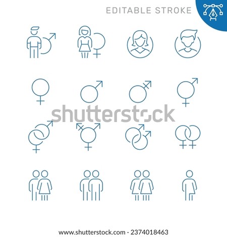 Vector line set of icons related with gender. Contains monochrome icons like man, sex, woman, male, female, person and more. Simple outline sign. Editable stroke.