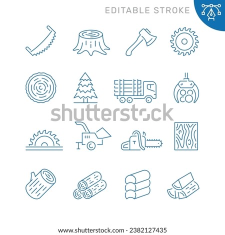 Vector line set of icons related with timber. Contains monochrome icons like sawmill, axe, wood, forestry, chainsaw, circular and more. Simple outline sign. Editable stroke.