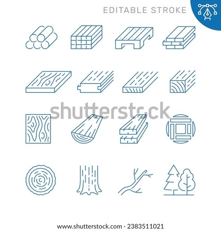 Vector line set of icons related with lumber. Contains monochrome icons like sawmill, timber, wood, forestry, board, branch and more. Simple outline sign. Editable stroke.