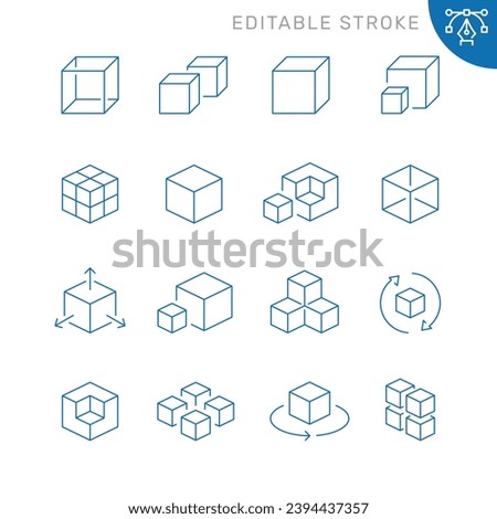 Vector line set of icons related with cubes. Simple outline sign. Editable stroke.