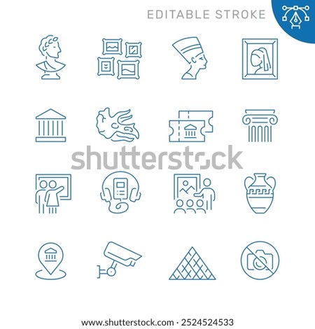 Vector line set of icons related with museum. Contains monochrome icons like gallery, antique, exhibition, picture, sculpture and more. Simple outline sign. Editable stroke.