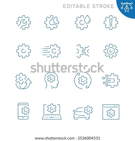 Vector line set of icons related with gear. Contains monochrome icons like wheel, gear, cog, machine and more. Simple outline sign. Editable stroke.