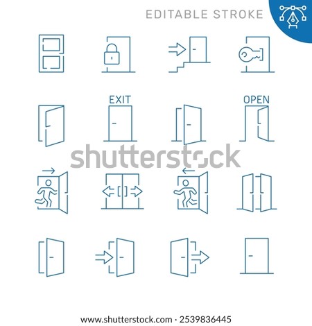 Vector line set of icons related with open door. Contains monochrome icons like door, exit, doorway, entry and more. Simple outline sign. Editable stroke.