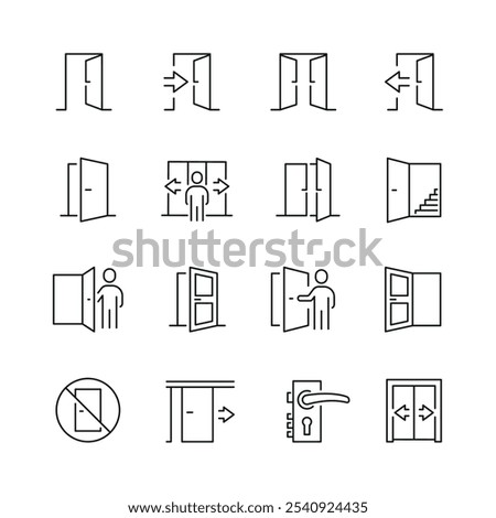 Vector line set of icons related with open door. Contains monochrome icons like door, exit, doorway, entry and more. Simple outline sign.