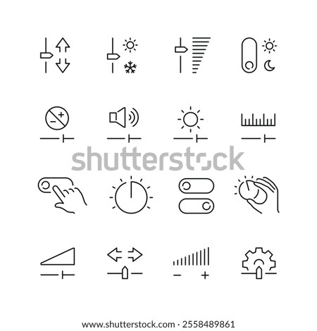 Vector line set of icons related with adjustment and setting. Contains monochrome icons like slider, equalizer, configuration, setup and more. Simple outline sign.