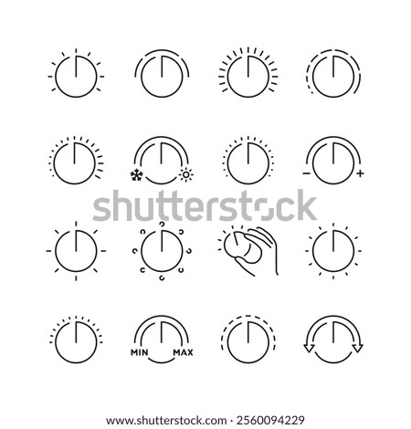 Vector line set of icons related with adjustment knob. Contains monochrome icons like setting, balance, tweak, setup and more. Simple outline sign.
