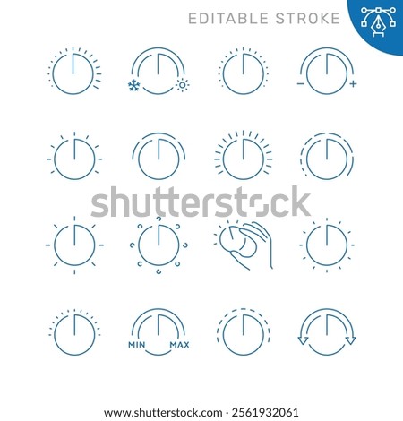 Vector line set of icons related with adjustment knob. Contains monochrome icons like setting, balance, tweak, setup and more. Simple outline sign. Editable stroke.