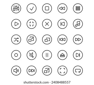 Juego de línea de vector Icono de reproductor de medios. Símbolo musical y video de reproducción multimedia. Interfaz de control de botón web de tecnología y computadora de pictograma de registro. Aplicación musical de interfaz de usuario de equipos de menú simple