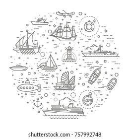 vector line set of ships and boats