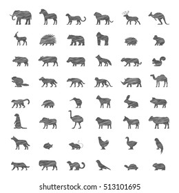 Vector line set of silhouettes of australian, african, american and other animals.