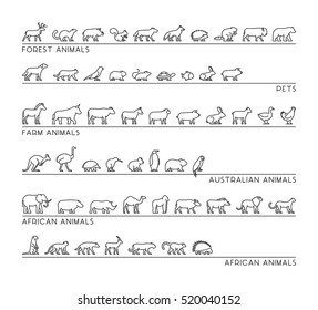 Vector line set of silhouettes pets, forest and farm animals. Linear icon african and australian animals. Open path.