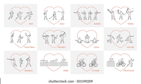 Vector line set of sports figures athletes. Silhouettes of sportsmen.