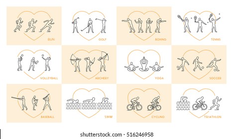 Vector line set of sports figures athletes. Silhouettes of sportsmen.