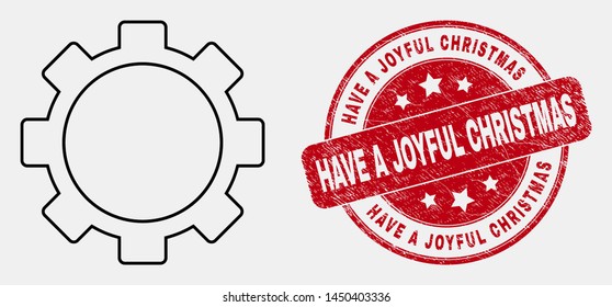 Vector line setup tools pictogram and Have a Joyful Christmas seal stamp. Blue round grunge seal with Have a Joyful Christmas phrase. Black isolated setup tools symbol in line style.