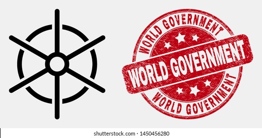 Vector Line Ship Rule Wheel Pictogram And World Government Seal Stamp. Blue Rounded Scratched Seal Stamp With World Government Title. Black Isolated Ship Rule Wheel Icon In Line Style.