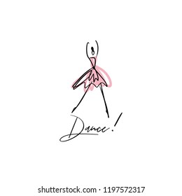 Vector line silhouette of elegant ballerina with watercolor element. Dancer icon. Logo template, label, emblem