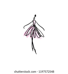 Vector line silhouette of elegant ballerina with watercolor element. Dancer icon. Logo template, label, emblem