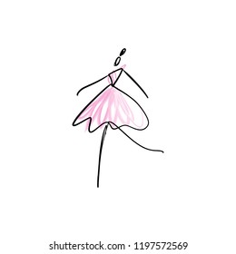 Vector line silhouette of elegant ballerina with watercolor element. Dancer icon. Logo template, label, emblem