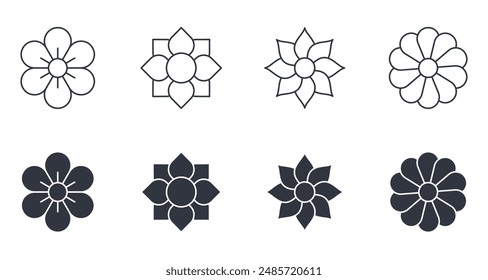 Vector line and silhouette flowers icons. Mini set of buds editable stroke. Various spring and summer blossom. Rose, lotus, sunflower, forget-me-not, chamomile. Stock illustration on white background