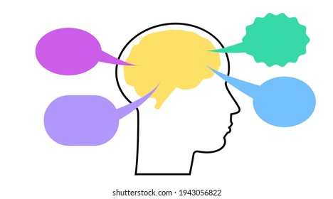 Vector line silhouette of human face, brain in profile. emotional intelligence. Speech bubbles colors. Portrait man, boy looking side. .Vector illustration. Isolated