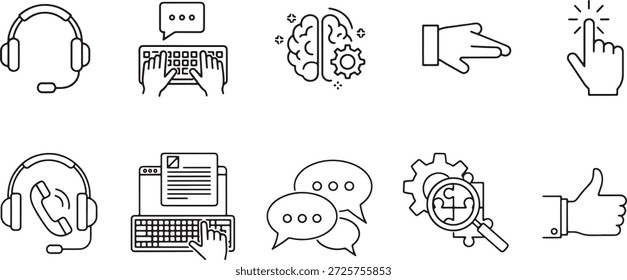 Línea de Vector Icono de silueta Conjunto de posturas de acción de Asistencia al cliente Mostrando auriculares Llamada Escribiendo Chat Solución de problemas Gestos útiles Agente de servicio Ilustración Asistencia de comunicación Escritorio de servicio