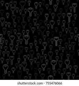Vector Line Silhouettes of Key Isolated on Black Background. Seamless Old Keys Pattern
