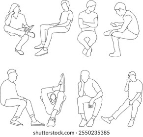 Vector line silhouettes of seated people – perfect for architectural plans and design projects. Minimalist, scalable, and versatile illustrations for floor plans, sections, and presentations.