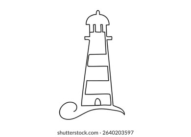Vector line simple illustration, lighthouse in outline style, print, sticker and poster design. Lighthouse with wave icon. Black one continuous line vector illustration isolated on white background.
