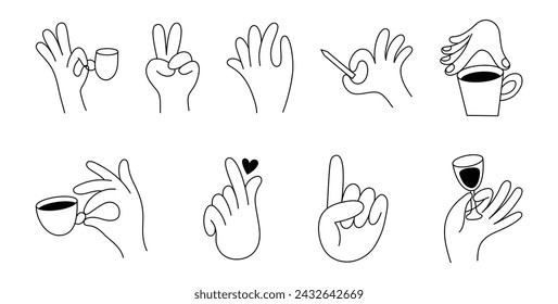 Vector line simple illustrations, hands and gesture in outline style