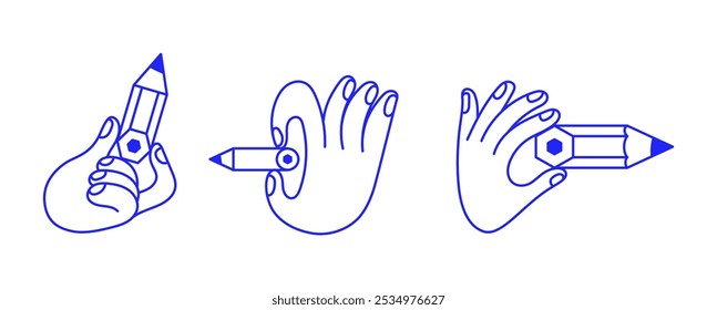 Vector line simple illustrations, hands and gesture in outline style, sticker gesture, print and poster design