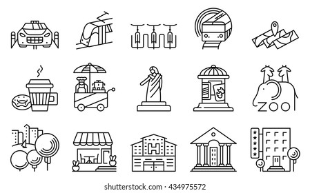 Vector line simple and thin locations and city icons set.  ?ollection includes coffee cup with donut, subway, bicycle parking, street food, affiche, cafe facade, hospital and official building, park