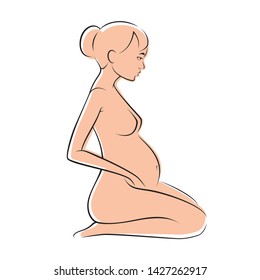 Vector line sitting of pregnant color woman. Isolated on white background