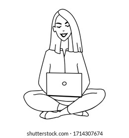 Vektorillustration-Linie sitzende Frau arbeiten zu Hause mit Laptop-Konzept. Freiberufliche Fotografien. Handgezeichnete Personenskizze. Home Office Business Cartoon, Happy Outline Girl. Weibliche, isolierte lineare Kunst.
