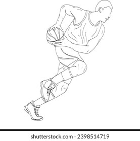 Vector line sketch basketball player illustration, Line drawing of basketball player with ball vector, Basketball player in action line art vector drawing