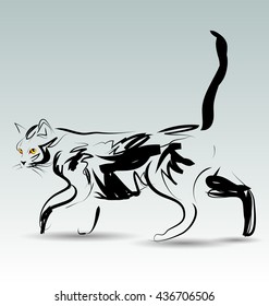 Vector line sketch of a cat with realistic eyes