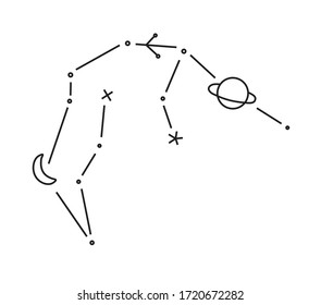 Vector Line Sketch of Cosmos, Stars, Constellation, Saturn, Moon. Doodle Cosmic Drawing. Sketch for Print, Tattoo, T-Shirt. Element of Pattern Design. Black and White Minimalistic Outline. 