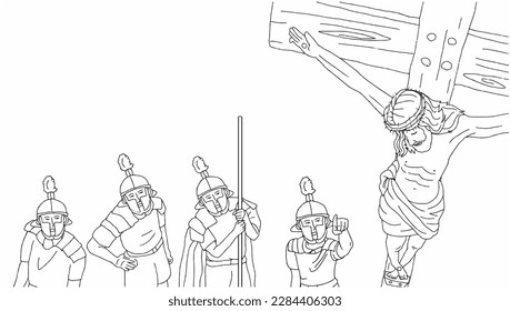 Vector line sketch of Jesus Christ on the cross and soldiers are looking him, Easter background.