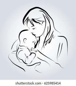 Vector line sketch of a mother with a child