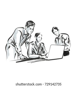 Vector line sketch of people working in the office