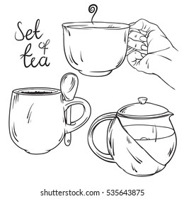 Vector line sketch of tea set. Isolated on white background.