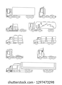 Vector line sketch. Trucks and trailers on a white background. Delivery and shipping cargo trucks and semi-trucks. For infographics or design