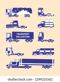 Vector line sketch. Trucks and trailers on a white background. Delivery and shipping cargo trucks and semi-trucks. For infographics or design. 