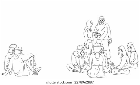 Vector line sketch of a woman is talking with Peter during other disciples, Easter background.