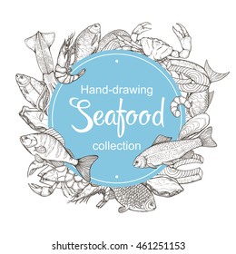 Vector line sketches of fish and seafood. Handmade set isolated on a white background of marine life: bream, carp, trout, salmon, crab, perch, lobster, shrimp, squid, oysters in vintage style