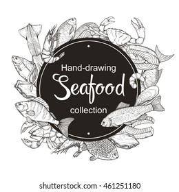 Vector line sketches of fish and seafood. Handmade set isolated on a white background of marine life: bream, carp, trout, salmon, crab, perch, lobster, shrimp, squid, oysters in vintage style