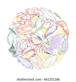 Vector line sketches of fish and seafood. Handmade set isolated on a white background of marine life: bream, carp, trout, salmon, crab, perch, lobster, shrimp, squid, oysters in vintage style