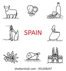 Vector  line Spain icon. Corrida, flamenco, jamon, Sagrada. Spanish culture 