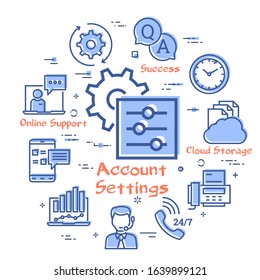 Vector line square banner of online support and technical assistant. Account settings icon in center. Mobile chatting, personal operator, web service and cloud storage icons with red promo text